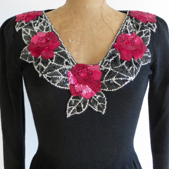 Vintage Don Sayres Black Wool Knit Dress with Sequins Neckline - Holiday Dress - Picture 1 of 9